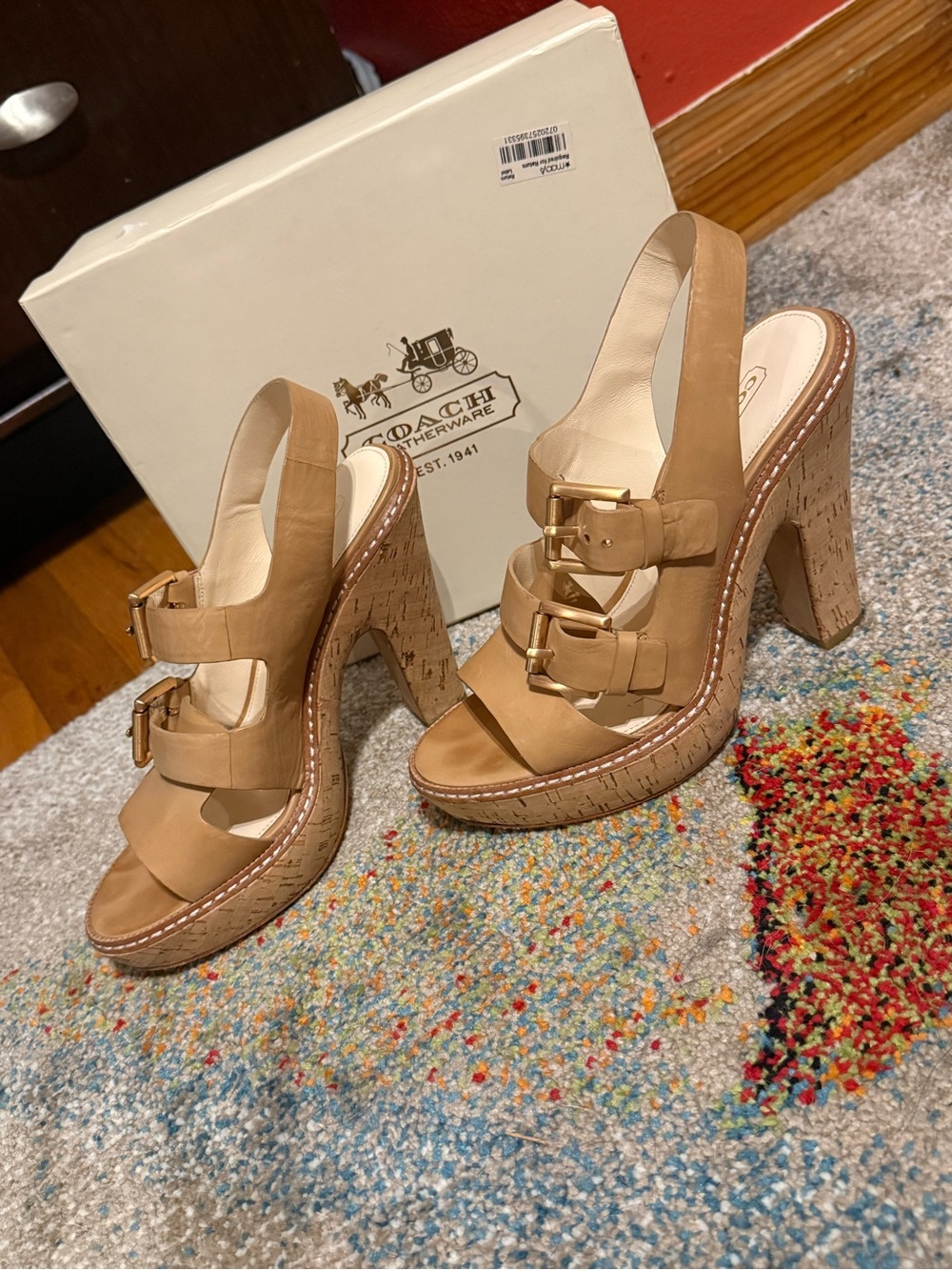 Coach Katee Calf Tan Leather Double Gold Buckle Platform Sandals Womens’ size 7